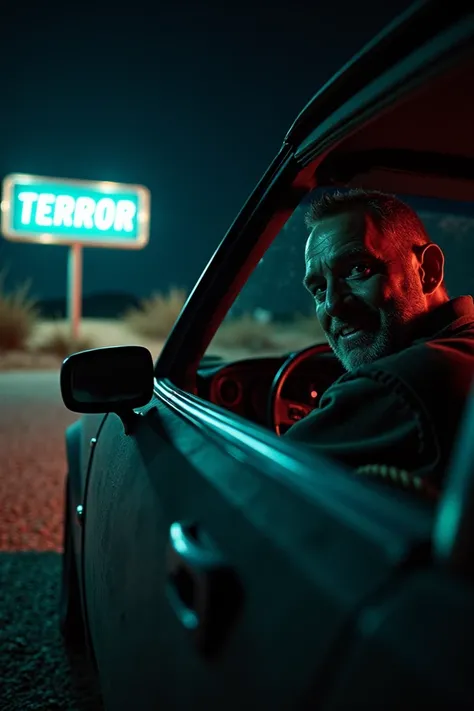 El Coche de Terror
Letrero neon  Wayne Williams in the foreground inside a dark car  ,   with an eerie smile as he looks through the rearview mirror .
bottom:   A desert road in the middle of the night  ,   with a body insinuated in the ditch  .
  Addition...