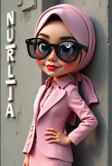 The model is wearing glass sunglasses with stars and the moon on the glass4d logo name, (NURLIA), , caricature of an Indonesian woman, 27 YEARS OLD with skin color similar to a real human, wearing a headscarf, clear wrinkles, wearing a pink service uniform...