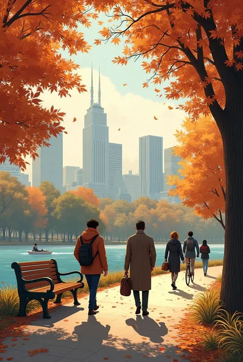 in the city park, warm-dressed people walk in late autumn.There are benches in the park ,lake