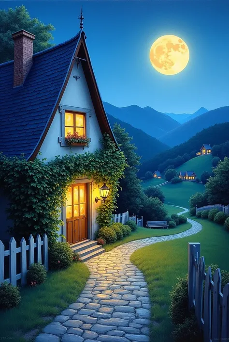 On a clear night, paint a large European stone path passing through a house with a blue roof and a yellow window as if it were acrylic painting