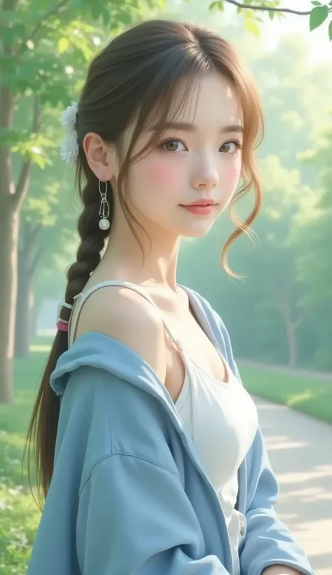 solo、 cute girl、Japanese、Brown Hair、 French Braid 、18 years old、 white camisole dress、The blue outer 、Outdoor、beautiful background 、