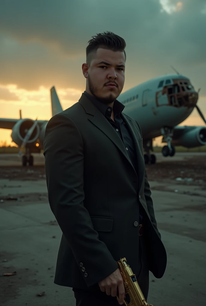  Create a scene in an old abandoned airport at dusk ,  with a ramshackle plane parked in the background ,  partially illuminated by the last rays of the sun that slip through the cracks of the rusty structures . in the foreground,  is the boss of the Mexic...