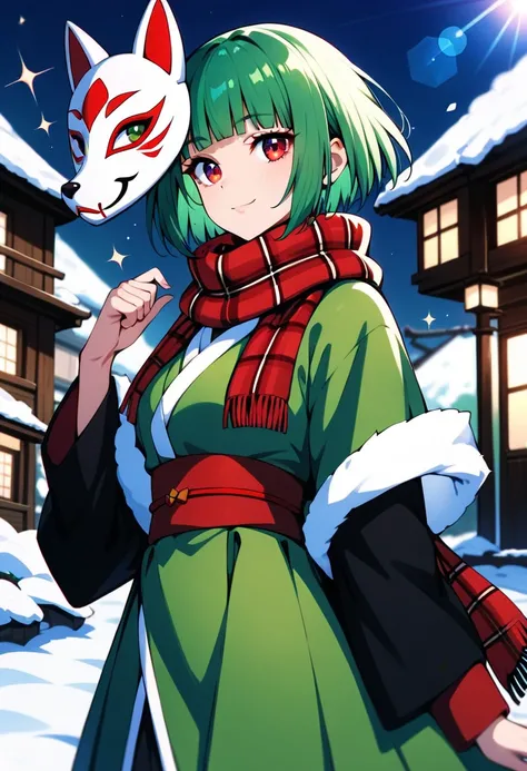 1girl, Alone, bangs, black green hair, short hair,Pale red eyes, eyebrows visible through hair, sparkle,snowy town, glint, lens flare, plaid scarf, blunt bangs,aihara tsubaki（unseen）,Green off-shoulder kimono, muffler ,Fox Mask