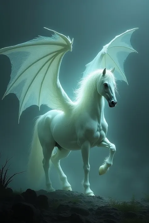 Ghostly Horse-Bat Hybrid: A translucent horse with massive bat wings and an eerie, glowing aura.