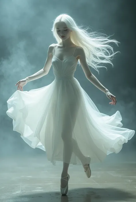 ghost girl, Korean, realistic, long white hair, bang, pale white skin, white ballerina dress , full body ,ballerina shoes, dancing ballet, smoke around her 