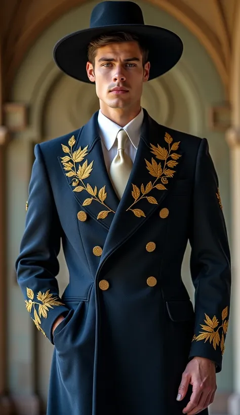 "20 yo A regal young prince of Australia stands tall, exuding confidence and charm. and wears a royal outfit blending modern and traditional styles: a sleek navy-blue coat adorned with golden eucalyptus leaf embroidery, paired with a stylish Akubra hat. re...