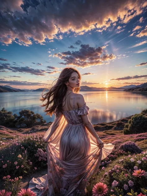 There is a beautiful sunset, the hillside is covered with flowers and plants, the flowers are up close, the colorful sky, the surreal colors, the colorful sunsets, the colorful sky, the marvelous sky reflection, the amazing sky, the fantastic atmosphere 8K...