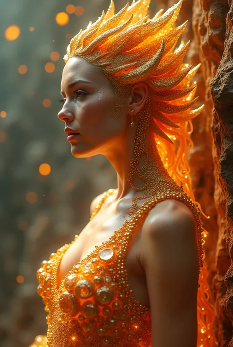 an unrealistically beautiful female figure made of fiery stones and gold beads