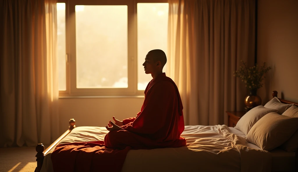 " monk wearing Rasa  (Kashaya )  red scrambler (in the bedroom:  The monk sits on the edge of the bed in the morning light ,  meditating before starting the day .  He feels ,  as the first rays of the sun touch his skin ,  bringing warmth and harmony .  Th...