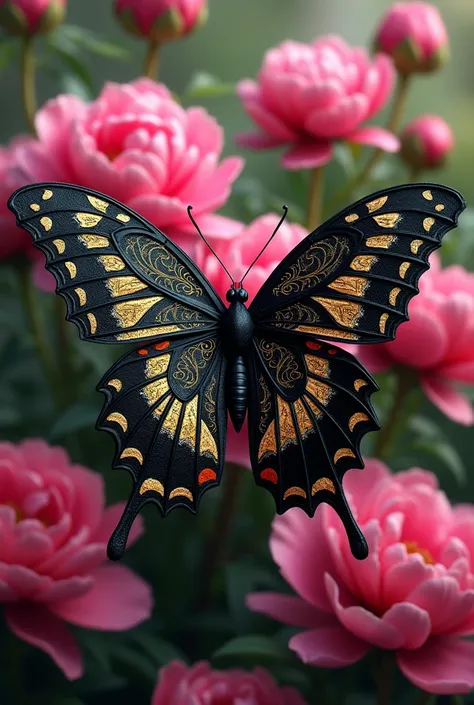 A colorful baroque black butterfly with pink peony flowers 