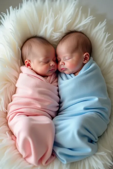 Twin babies are born again,  In a pink robe and the boy in the blue robe,  a delicate and well-structured face .