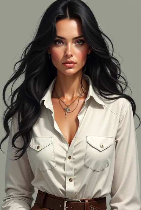 Adult european cowgirl, open Hair, black Hair, light eyes, white shirt, light skin,half body, digital art, realism, painting art