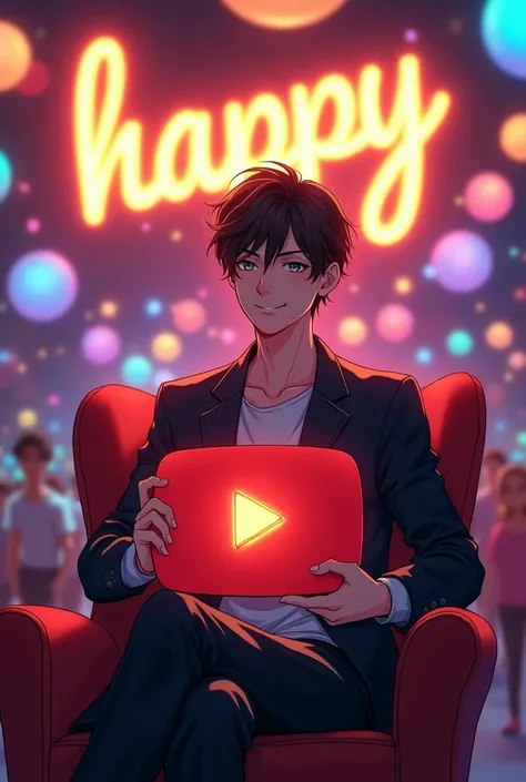 A handsome 20 year cute boy anime sitting in a stylish chair, in the background there are many different colours of light, and in the background written Happy in beautiful stylish front and in his hand he took a big size youtube logo, also in the YouTube l...