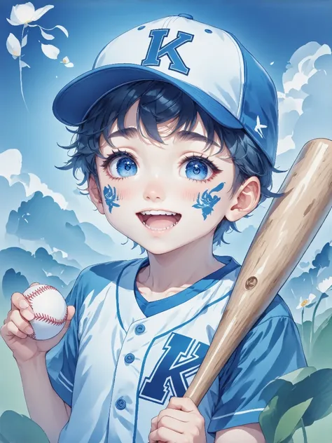 A cheerful cartoon-style young boy dressed in a baseball uniform, wearing a blue and white cap with "KK" logo, holding a wooden baseball bat. The boy is smiling brightly with vibrant, expressive eyes and cute facial paint on his cheeks. Background is clean...