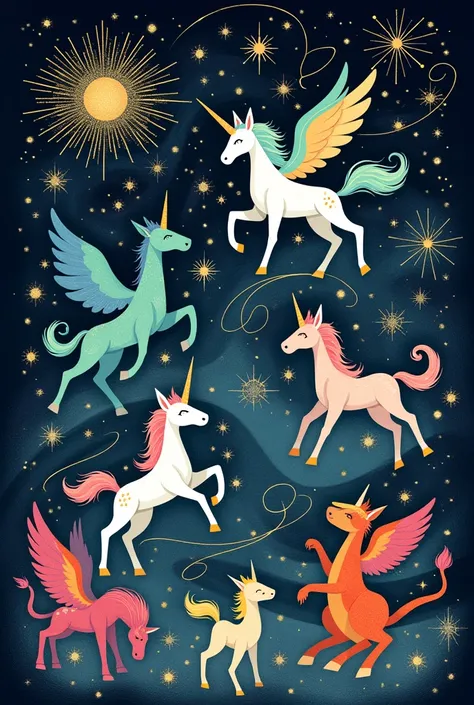 Magical kingdom with mythical creatures with disney inspired with whimsical patterns with celestial themes all in one poster black background