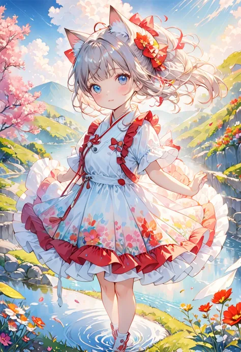 8K resolution, (masterpiece) (Highest quality) (Detailed art), A completely new character that combines a kitten and a girl, transparent watercolor, anime-style illustration, colorful background