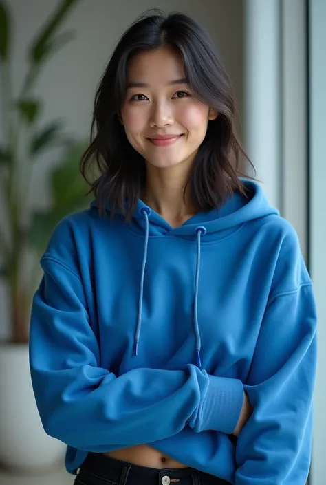 A beautiful Korean woman wears a blue hodie black jeans 
Shoulder-length short hair 
Color blue black
Wear sports shoes 
Looking at the camera and smiling 