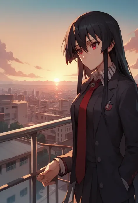 1girl, solo, Japanese school uniform with blazer and tie, akame, long hair, black hair, red eyes, leaning on a rooftop railing, cityscape in the background, sunset colors