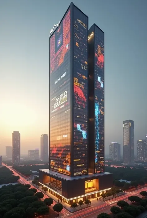 Art display gallery acoustic golden yellow lighting building, in fully whole video tron led ads tower in Surabaya megacyberpolispunk hyper technology hyper culture hyper sience hyperinclusivity financial with batik geometrive ads line.