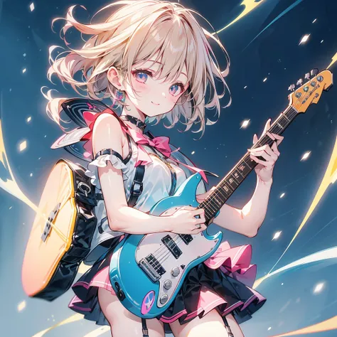 1girl, pretty face、Baby Face、((( dynamic best composition 、 best quality、 greatest masterpiece、 perfect anatomy 、 super detailed、 high definition)))、 neon light、 Vivid Neon Color Palette、Box Pleated Mini Skirt 、Diamond、( electric guitar in a beautiful city...