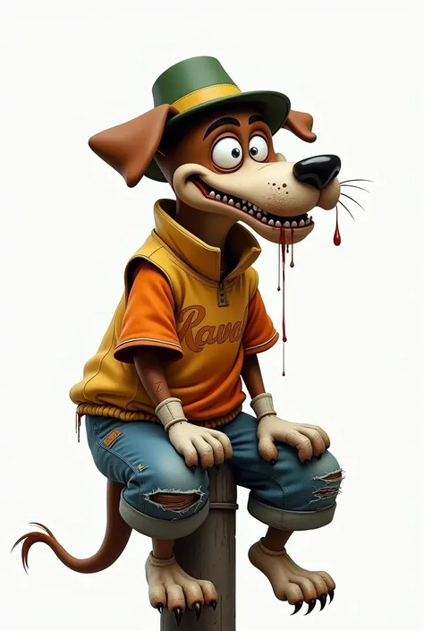 Goofy Disney dog, dirty teeth , Ojos rojos, high,  jersey de cuello high naranja sucio con la palabra escrita Raval en naranja claro,  and an aged dirty yellow vest , ripped blue pants,  sneakers Nike dunk low brown ,  dirty white gloves with claws , y un ...