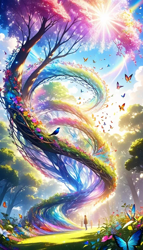 huge iridescent transparent cone, spiralling vines of trees and flowers, a force that reaches up to the sky, colorful birds and butterflies, a symbol of nature and peace, a one-of-a-kind work of art, delicate and dynamic textures, contrasts of light and sh...