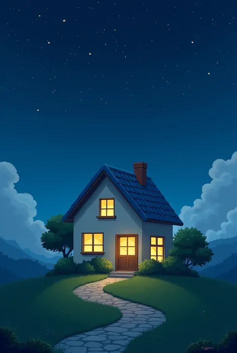 On a clear night, draw a simple house with a blue roof and yellow windows with a stone path. Facade not diagonally 