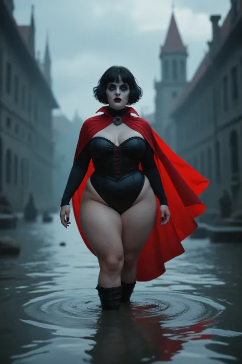 Beautiful undead gothic vampire girl with short dark hair and blue eyes, red cape, hourglass silhouettes, Big and big butts, musculada fitness,super huge , Waders, BBW 