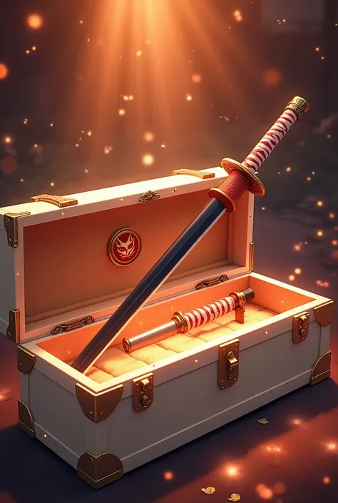 A Large White Ivory Chest Containing a Black Bladed Katana with a Red and White Hilt, an Emblem of a Fox on the Chest and Sword, Anime, Pixar, God Rays, Glowing Light, Sparkle, Ultra-Wide Angle, High Resolution, High Details, UHD, HDR, Dynamic, Magical