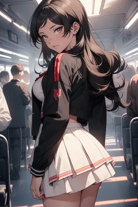 1girl, A young virgin who still remains innocent, extremely large bosom, (Background:inside the train), She has long black hair, seen from the front, (((tmasterpiece), (Very detailed CG unity 8K wallpaper), best qualtiy，cinmatic lighting, detailed back gro...