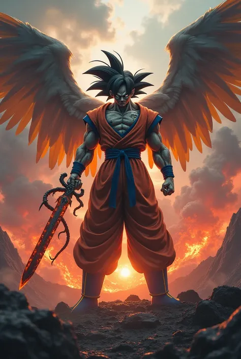  Fusion of the zombie Goku with archangel wings shining behind ,  with Venon holding a sword with black aura around it, At a volcano  
