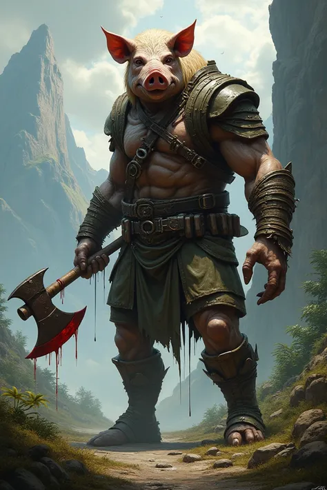 Make me a picture with the theme: a combination of a pigs head monster with a giant human posture, wearing army clothes, muscular, carrying a bloody axe, fierce, standing straight in front of a realistic fantasy picture