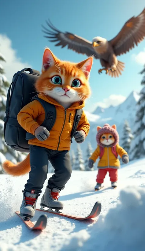 In cinematic 3D style, HD image, realistic image ,colourful image.
Character, a muscular anthropomorphic orange big cat,,wearing black jeans, and ice skates.A big black bag is hanging on the back,
Character, Orange baby cat wearing yellow red mix sweater a...