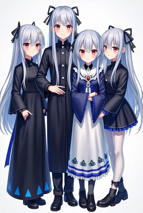 4 anime youth with red eyes represents long indigo hair attached to a black ribbon to the top with a ribbon containing a white triangle and another indigo  ,  with fair skin. He wears all the fictional black, indigo and white clothes. It consists of a long...