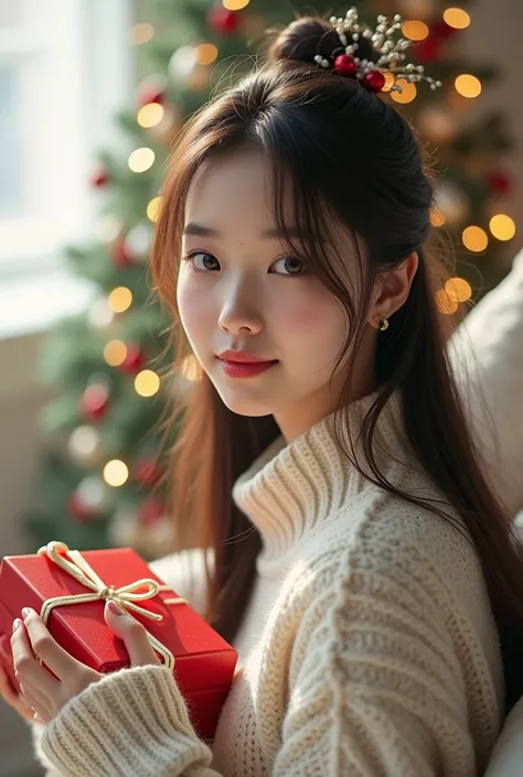 photorealism: 1.2), beautiful young woman, korean  woman, sitting in the living room, snowy atmosphere, holding a Christmas gift, wearing a white Christmas sweater desain draw winter, only half of her body, wearing a Christmas ornament on her head, long st...