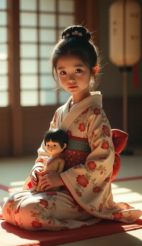 Create a hyper-realistic cinematic image of a  Japanese girl in traditional attire from the Taisho era (1910). She is sitting on a tatami mat in a softly lit room adorned with wooden sliding doors and paper lanterns. Her kimono is vibrant with intricate fl...