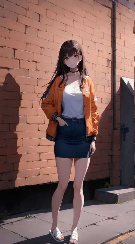 young women, smiling, standing posed, brick wall,  (+slighly bang, long straight hair, dark-brownhair), light-orange long sleeves jacket, closed jacket, black camisole, dark-blue denim pencil mini skirt, white sneaker sandals, orange choker, BREAK, (1girl,...