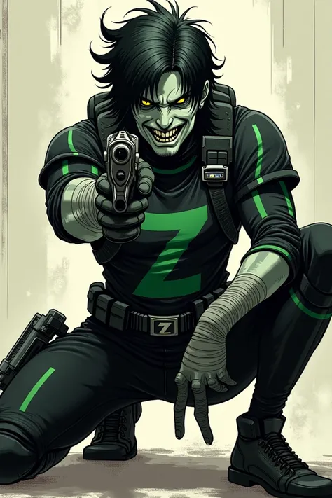 A 18 years Comic style male character. Grayish green skin, like a Zombie. largue Black hair with a white streak, Layered haircut. Intense black eyes with yellow pupils and a stern expression. Sharp teeth. He wears a tactical black suit with a sleek, armore...