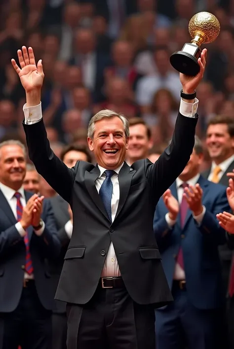 A man greeting a prize and everyone is clapping fir him 