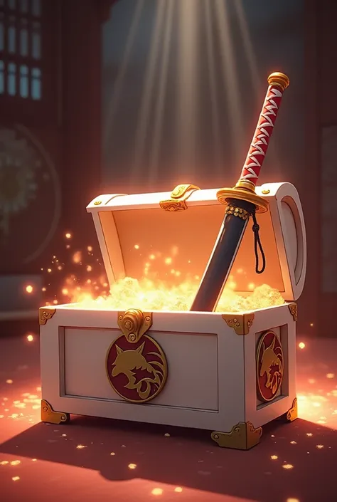 A (Large) White Ivory Chest Containing a Black Bladed Katana with an Elaborate Red and White Hilt, an Emblem of a Fox on the Chest and Sword, Anime, Pixar, God Rays, Glowing Light, Sparkle, Ultra-Wide Angle, High Resolution, High Details, UHD, HDR, Dynamic...