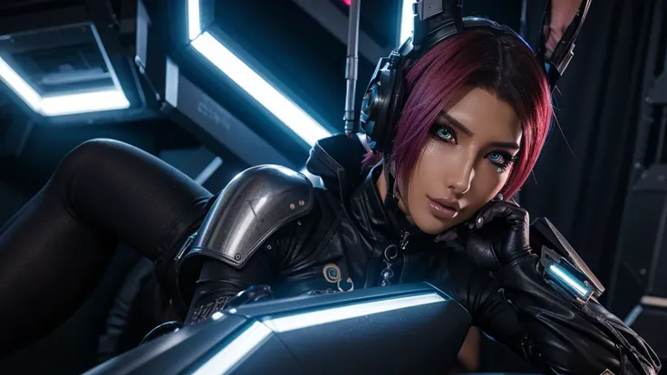 cyberpunk full body armor, cyberpunk styled women, wearing bunny ears cybernatic,large cybernatic bunny ears, legs,  detailed facial features, gorgeous eyes and lips, fantasy, highly detailed, 8k, photorealistic, studio lighting, vibrant colors, dynamic co...