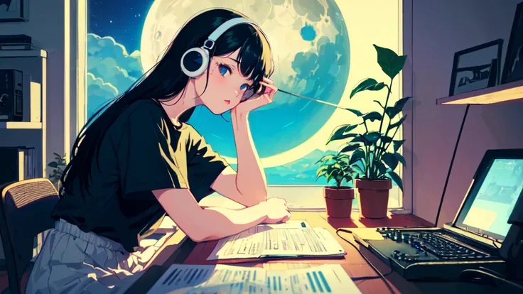 (lo-fi, retro, pale color, low contrast), (1girl, black hair, black eyes, t-shirt, headphone), (room with a moon view from the window, houseplants), (dreamy atmosphere, nostalgic)