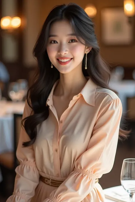  Here is a prompt that you can use to describe the character of a Korean beauty similar to Jiwon Fromis A beautiful Korean girl whose face looks like Jiwon Fromis 9, stands confidently .  She wears an elegant pastel colored blouse that accentuates her eleg...