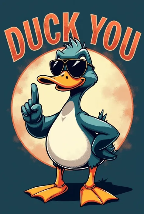 A vintage-style illustration of a bold duck wearing aviator sunglasses, standing confidently while flipping the middle finger. The ducks pose is cheeky and rebellious, exuding a humorous attitude. The background is minimal, with a faded, retro-inspired cir...