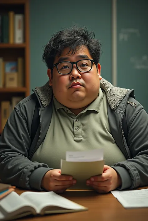 Hes an ugly male student with glasses, but hes fat, has a lot of dandruff, and is Asian