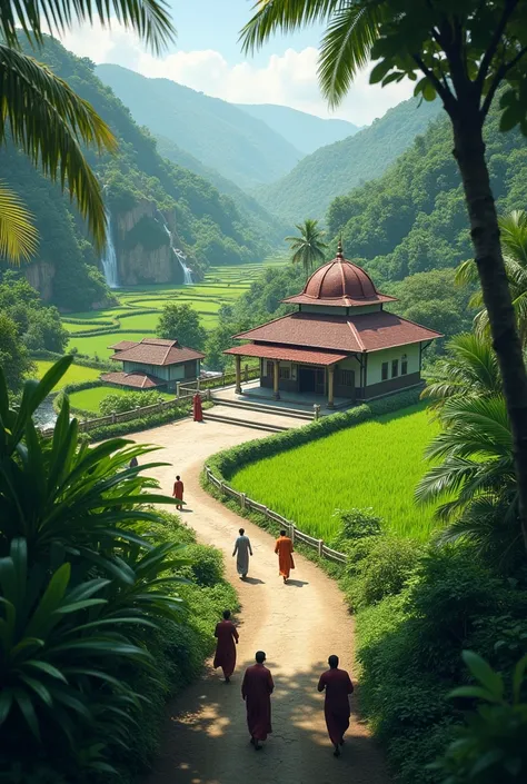 a simple mosque with a large yard, surrounded by a fence. around it are several houses, near a small rocky ditch. there is an asphalt road that some men use to get to the mosque. the background is a rice field interspersed with tropical trees. in the dista...