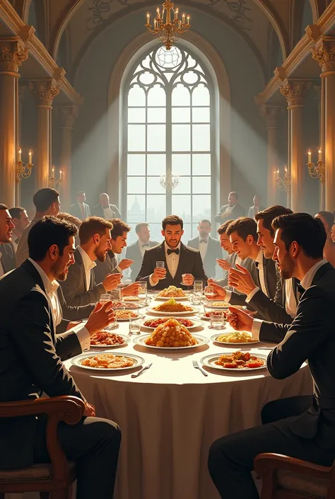 Scene showing a mix of social classes dining.
