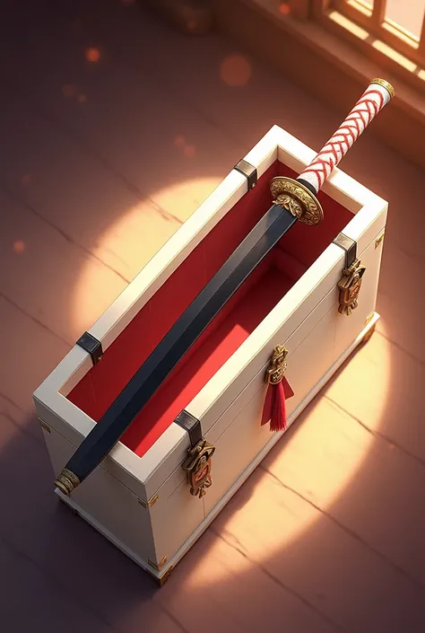 A (Long) White Ivory Chest Containing a Black Bladed Katana with an Elaborate Red and White Hilt, an Emblem of a Fox on the Chest and Sword, Anime, Pixar, God Rays, Glowing Light, Sparkle, Ultra-Wide Angle, High Resolution, High Details, UHD, HDR, Dynamic,...