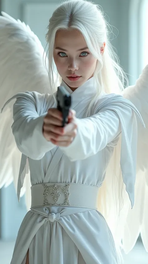 full body hot girl with snow white hair, ocean blue eyes, white skin color, white warrior outfit, and with angel style. Holding a pistol gun