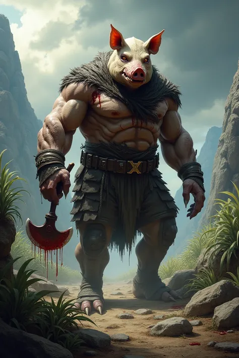 Make me a picture with the theme: a combination of a pigs head monster with a giant human posture, wearing army clothes, muscular, carrying a bloody axe, fierce, standing straight in front of a realistic fantasy picture